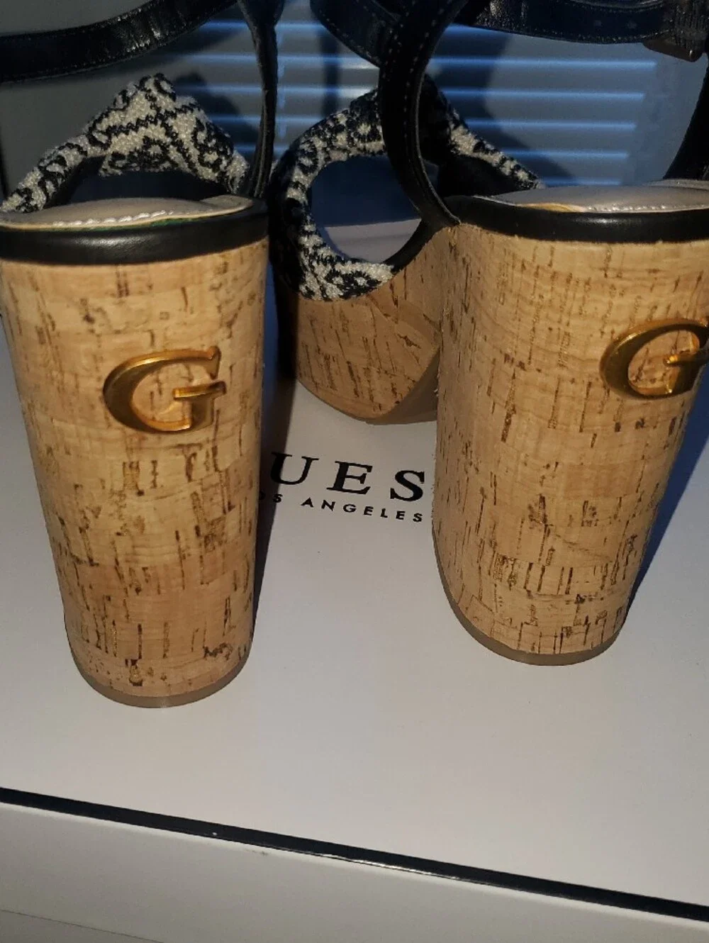 GUESS Black and Ivory Patterned Cork Platform Wedge Sandals